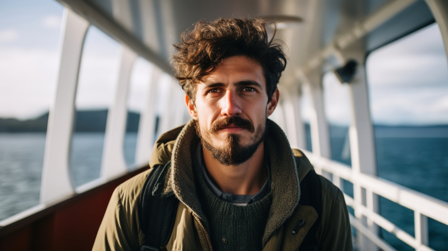 Contemplative Young Man on a Ferry