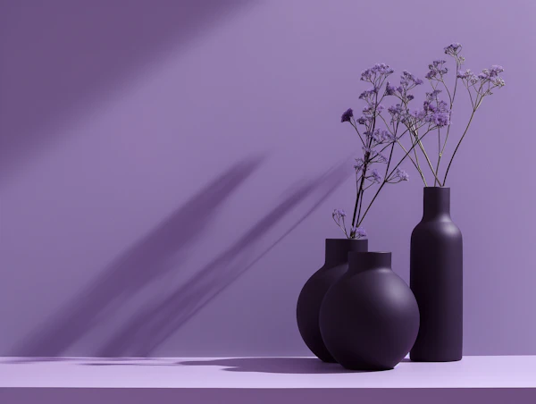 Minimalist Black Vases with Purple Flowers