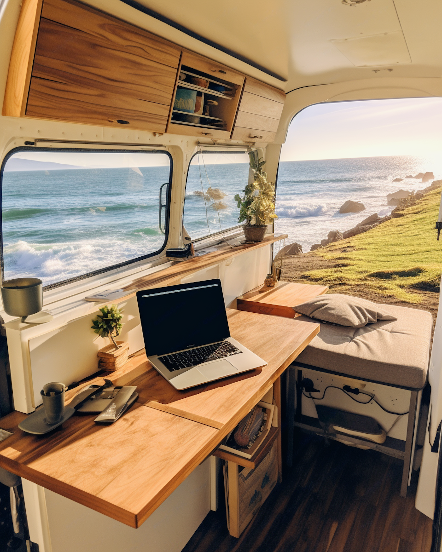 Cozy Campervan Mobile Office with Ocean View