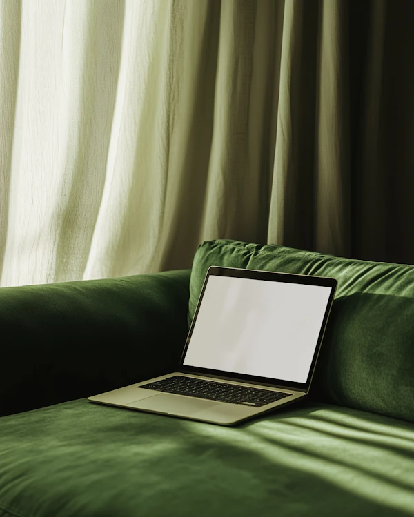 Laptop on Velvet Sofa