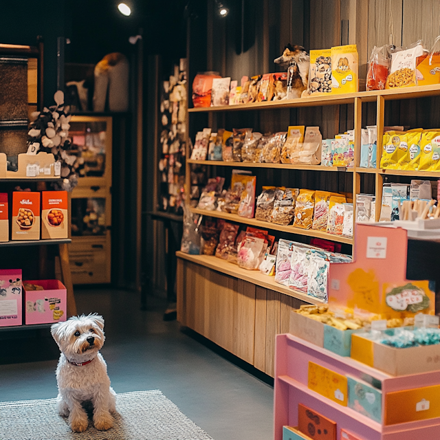 Cozy Pet Store Interior with Fluffy White Dog