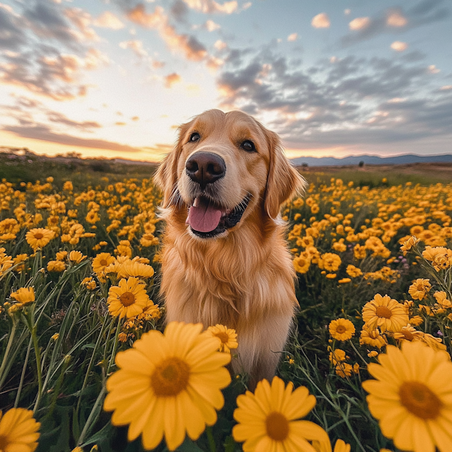 Golden Retriever in Flower Field