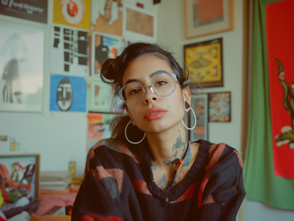 Artistic Aura: Portrait of a Confident Woman in a Bohemian Room