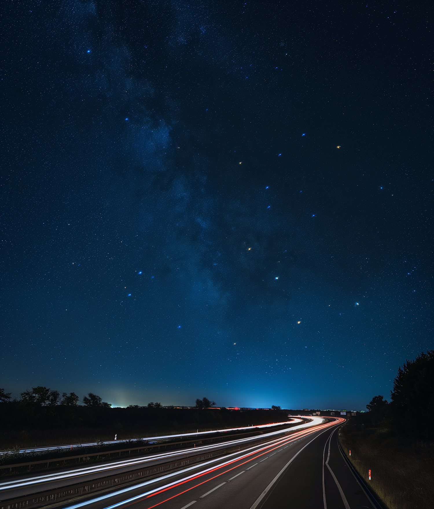 Nighttime Skyline with Milky Way and Vehicle Light Trails