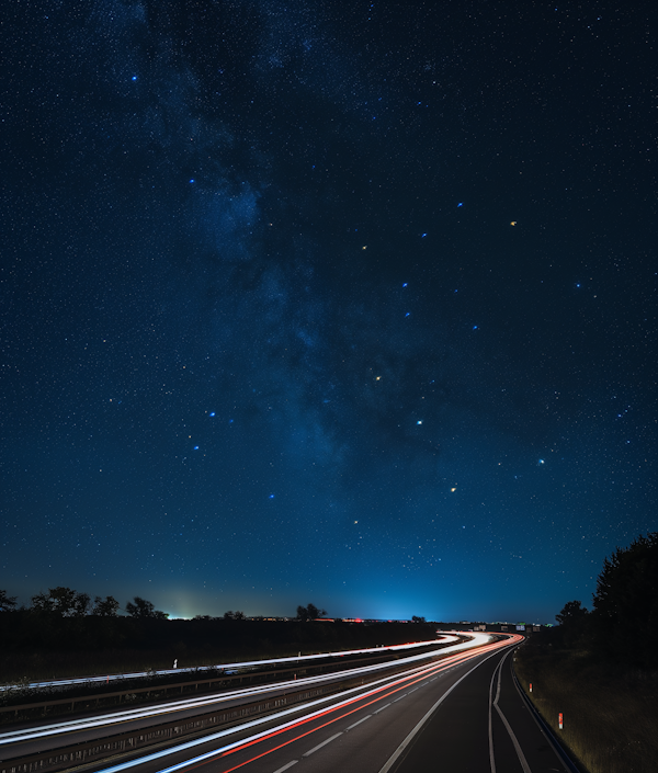 Nighttime Skyline with Milky Way and Vehicle Light Trails