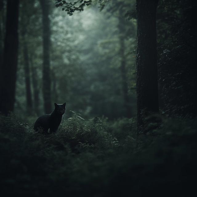 Serene Forest Scene with Black Cat