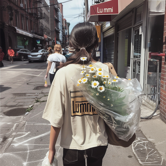 Daisy Adorned Woman Walking in City