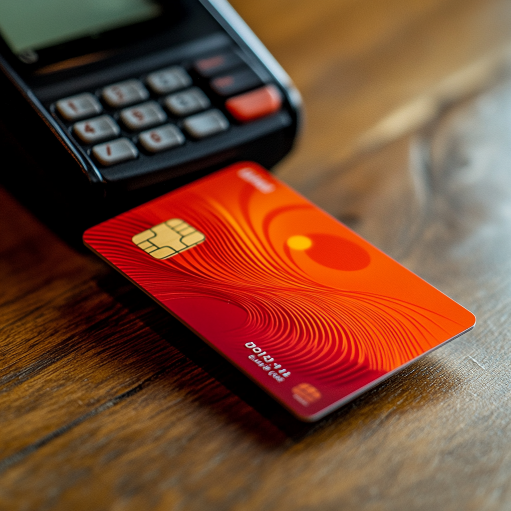 Vibrant Red Credit Card on Wooden Surface Photo on Lummi