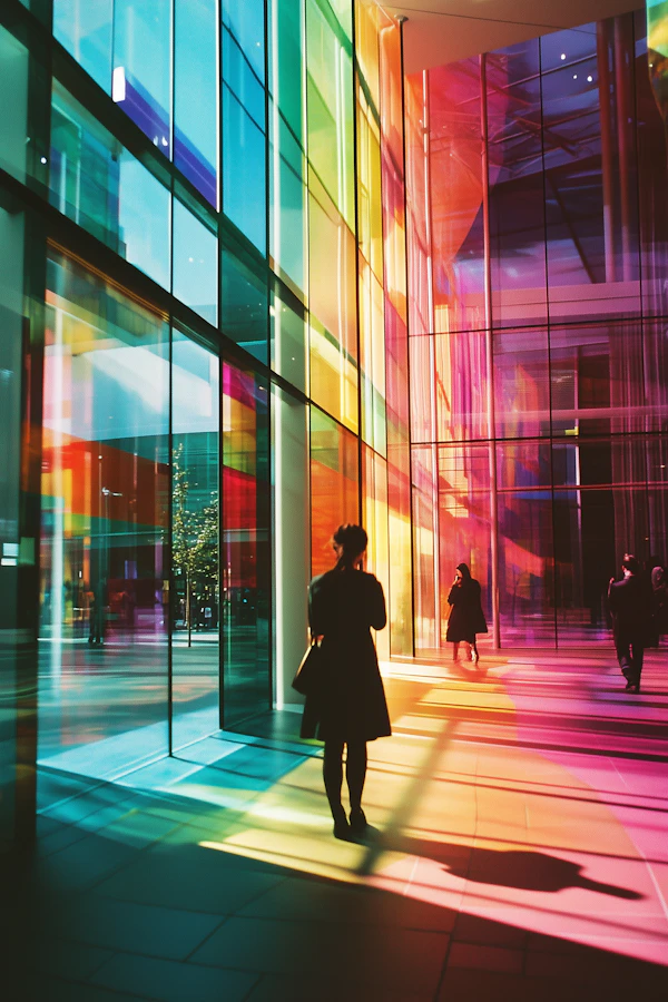 Vibrant Architectural Space with Silhouetted Figures