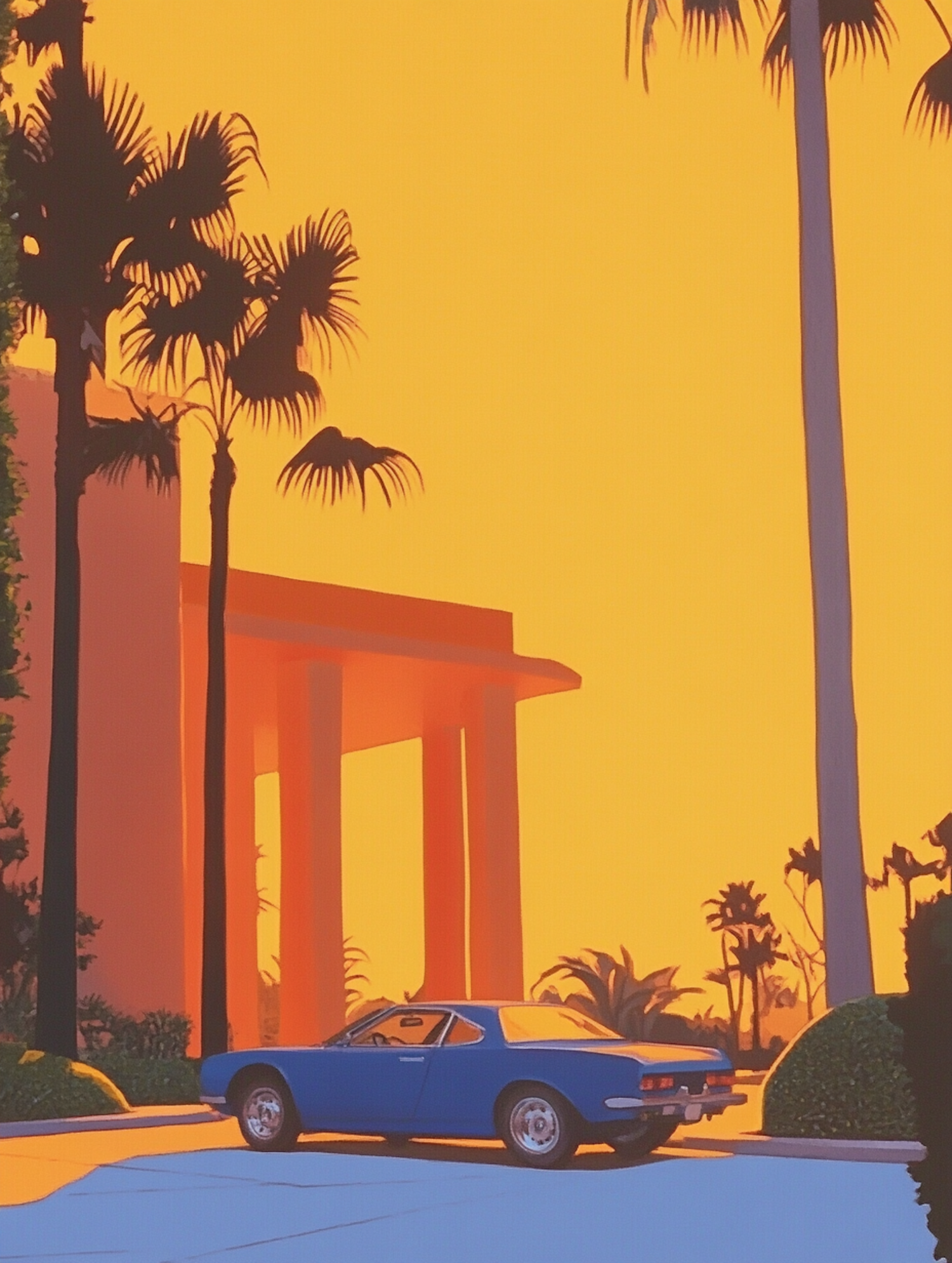 Sunset Scene with Blue Car