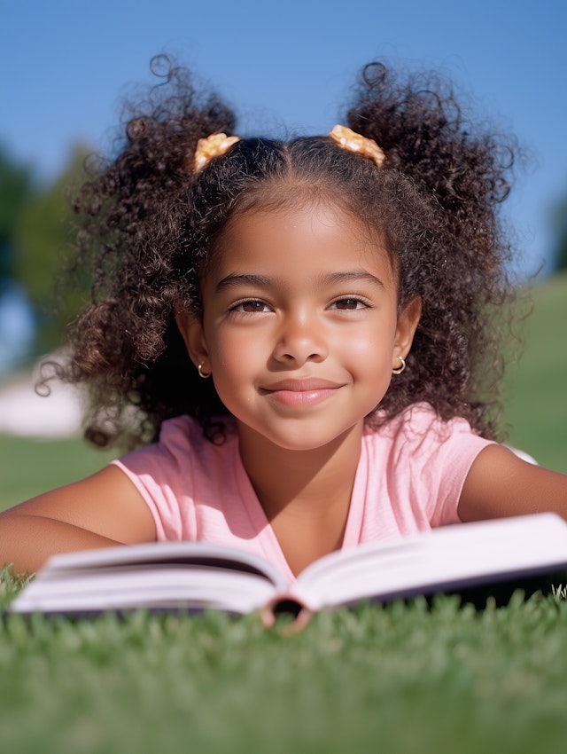 Girl Reading in Grassy Field