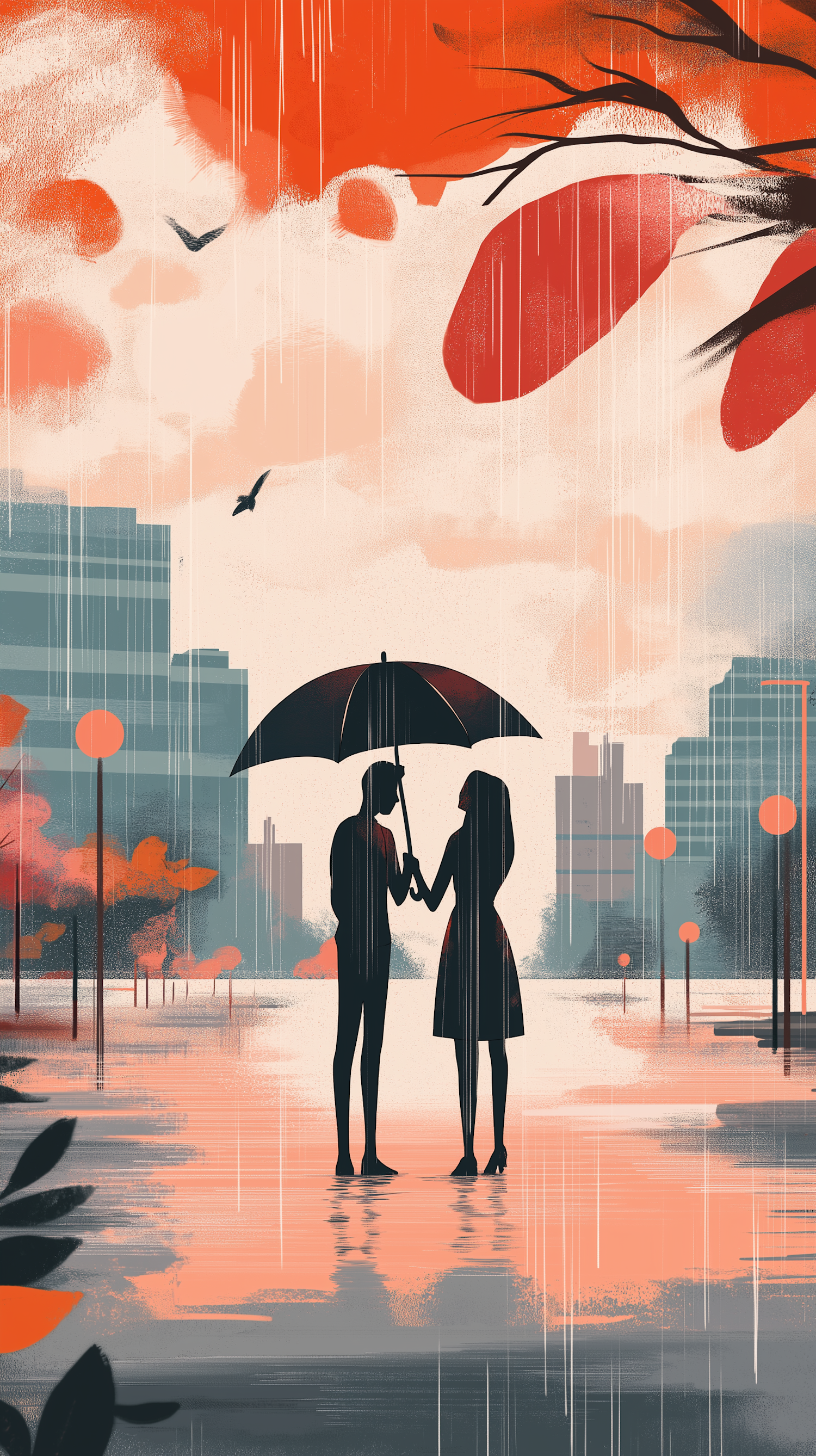 Intimate Couple Under Umbrella in Rainy Cityscape