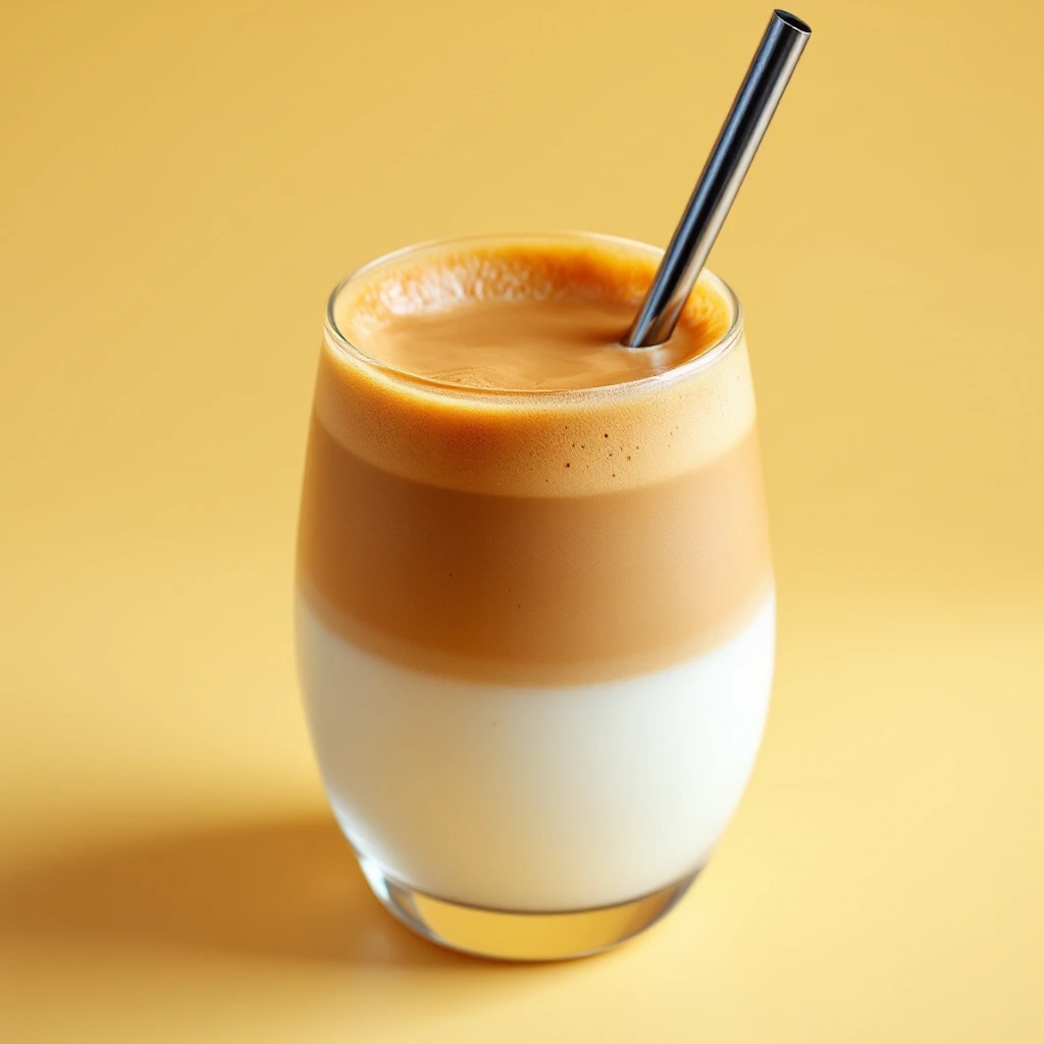 Layered Coffee Drink Against Yellow Background