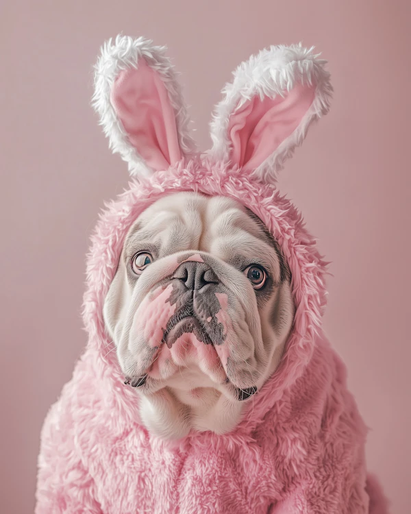 Bulldog in Bunny Costume