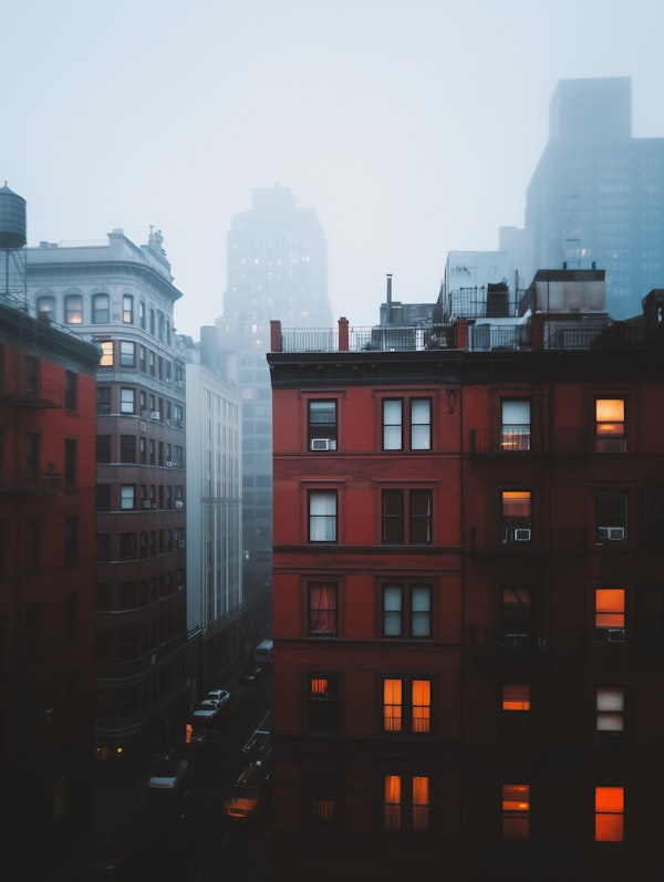 Foggy Urban Cityscape with Red Building