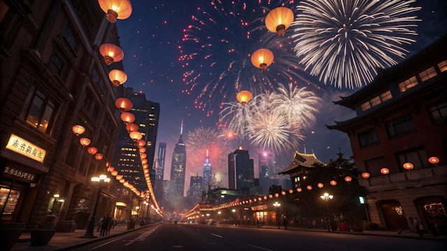 Vibrant Cityscape with Fireworks