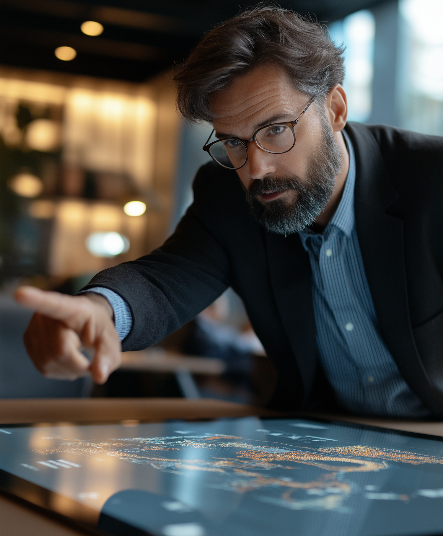 Man Analyzing Data on Touchscreen Table