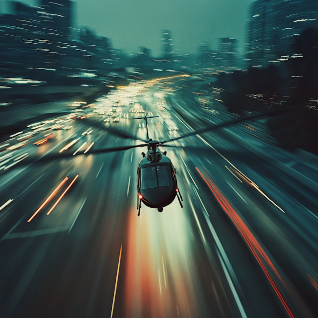 Helicopter Over Busy Highway at Night