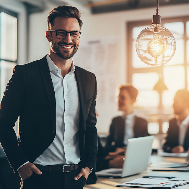 Confident Businessman in Warm Office Setting