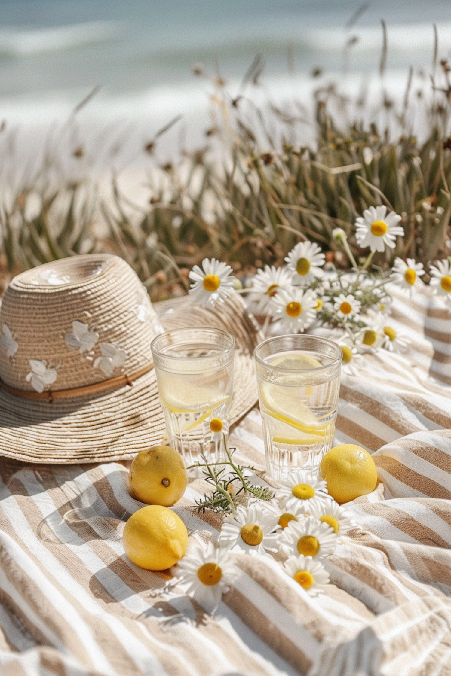 Summery Picnic Scene with Lemons and Straw Hat