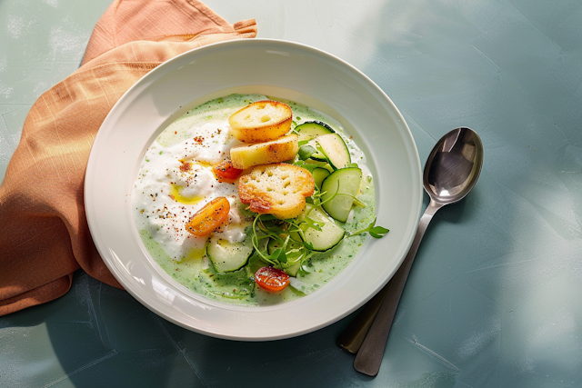 Elegantly Presented Creamy Green Soup with Scallops