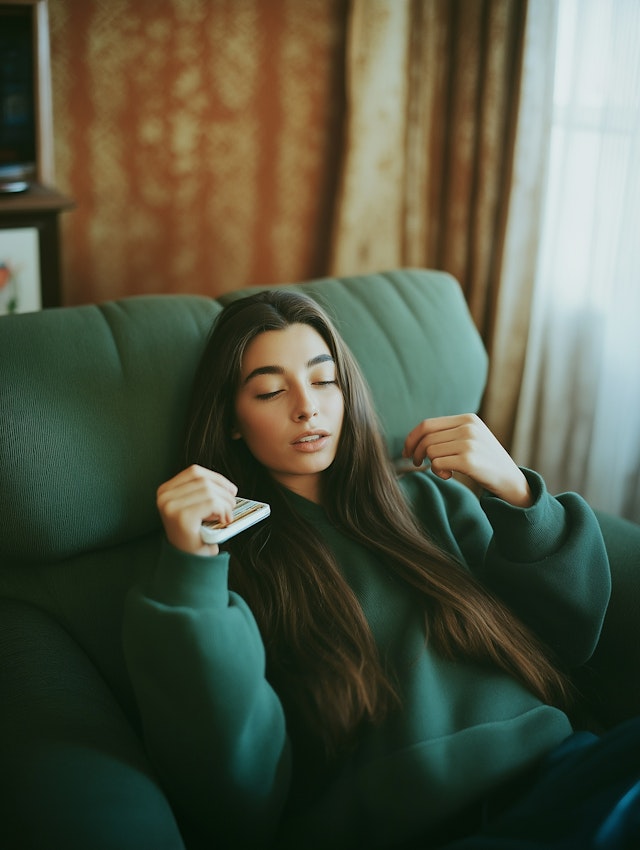 Serene Woman on Green Sofa