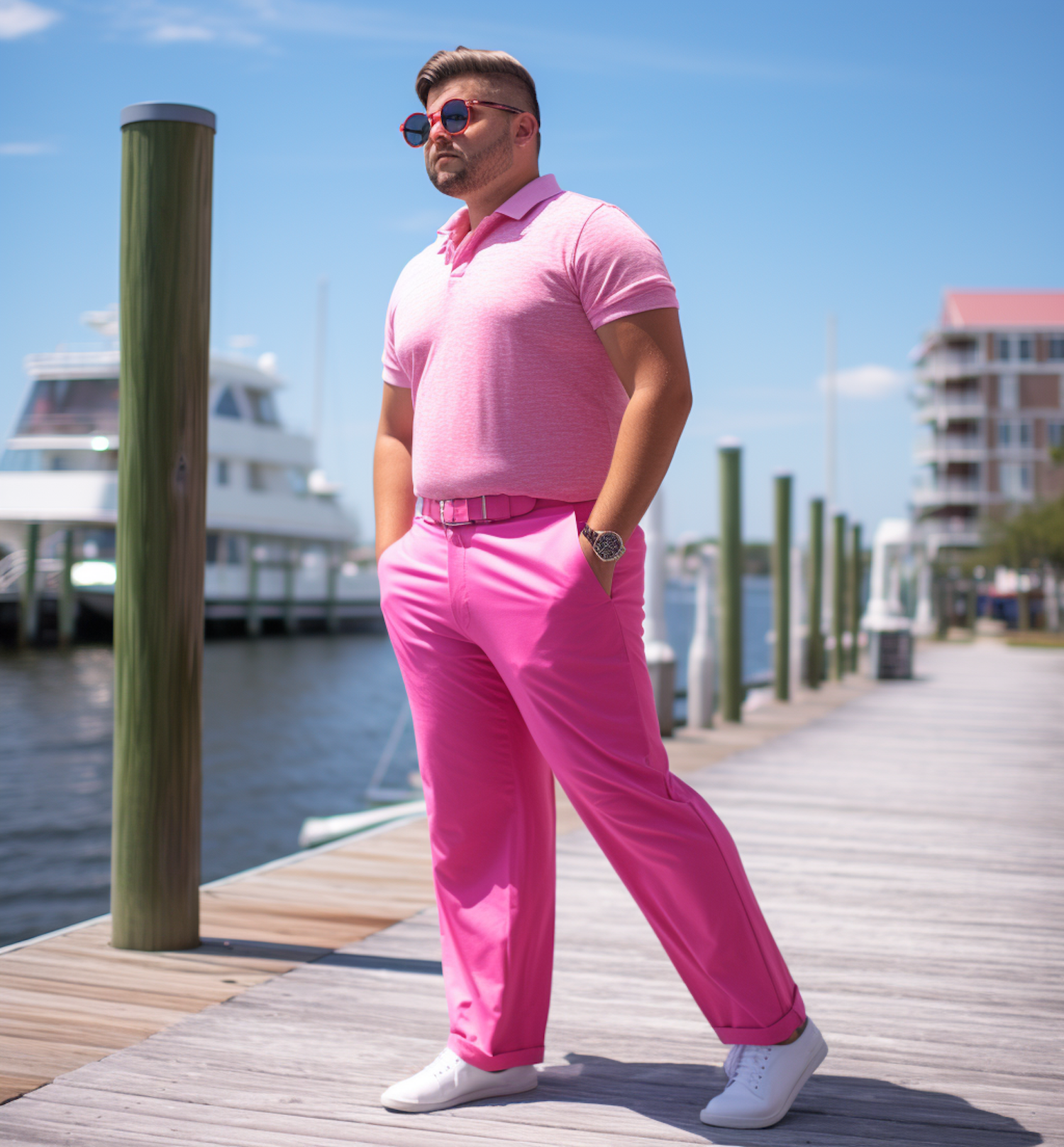 Confident Man in Pink on the Dock