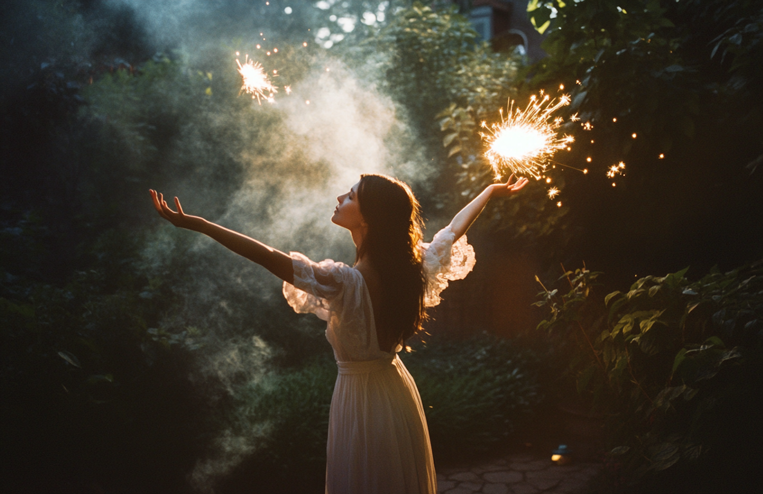 Woman with Sparklers in Garden