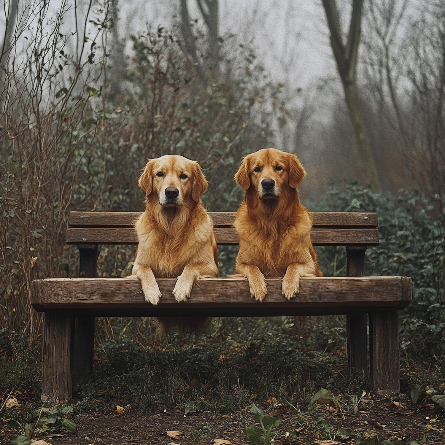 Golden Retrievers on Bench