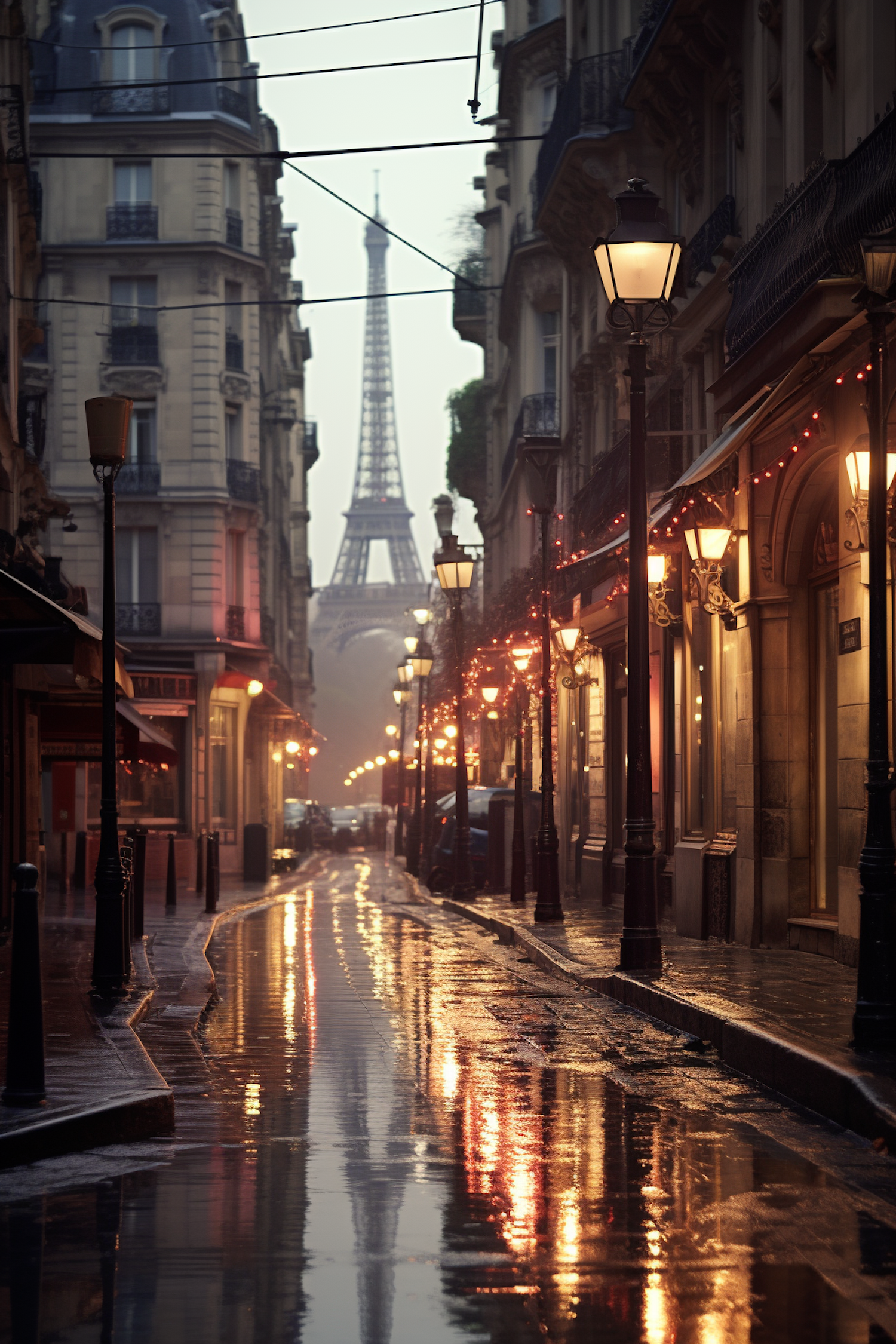 Rainy Parisian Evening with Eiffel Tower in Mist