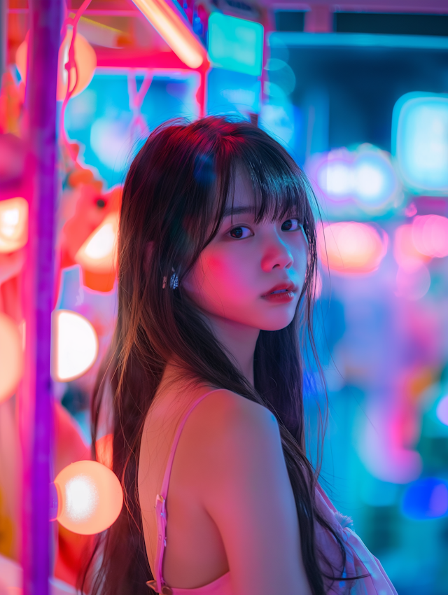 Contemplative Young Woman in Neon Lit Environment