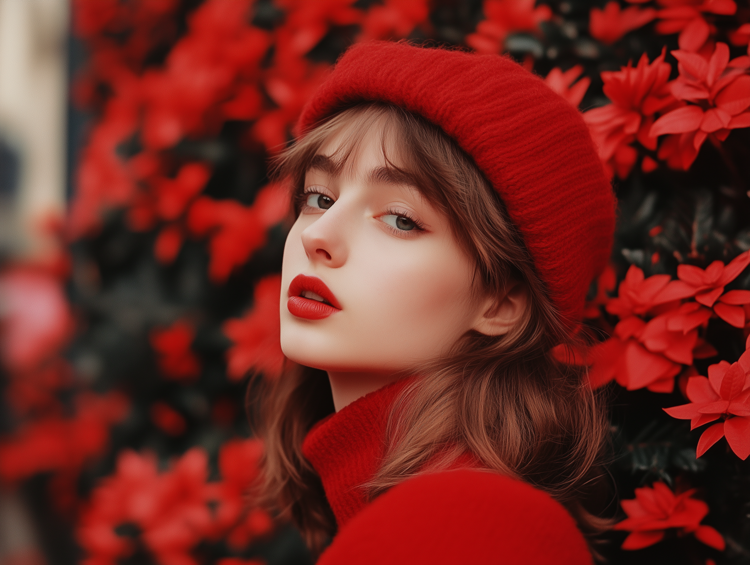 Woman in Red with Floral Backdrop