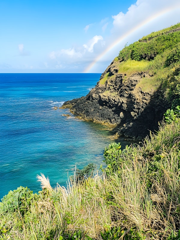 Serene Coastal Landscape with Double Rainbow