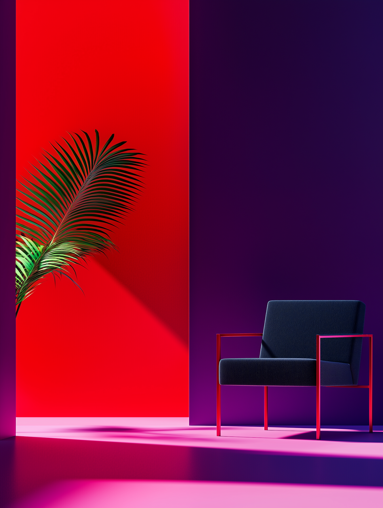 Modernist Chair with Colorful Backdrop and Palm Leaf