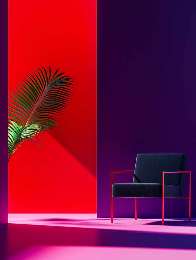 Modernist Chair with Colorful Backdrop and Palm Leaf