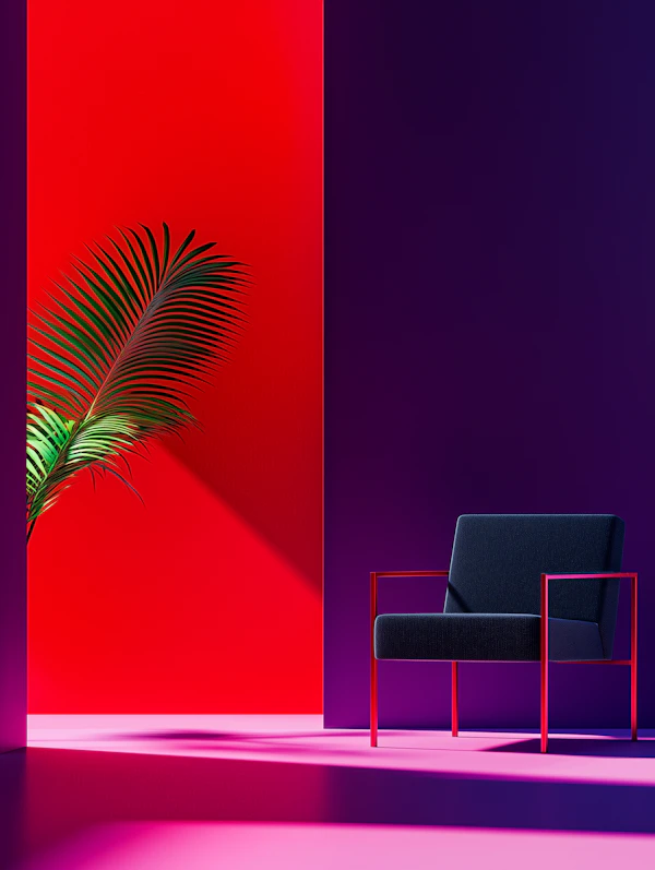 Modernist Chair with Colorful Backdrop and Palm Leaf