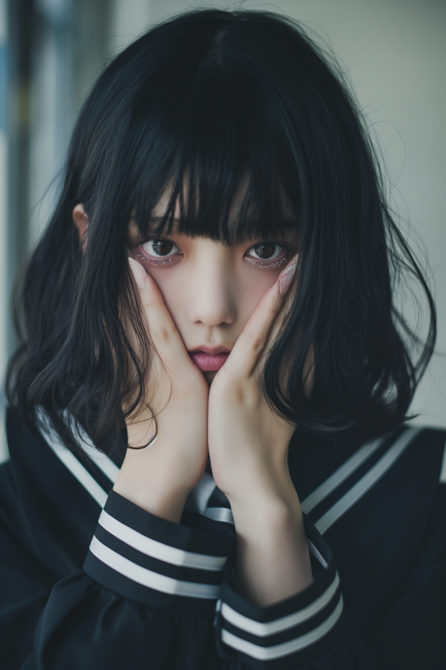 Expressive Young Woman in Sailor-Style Uniform