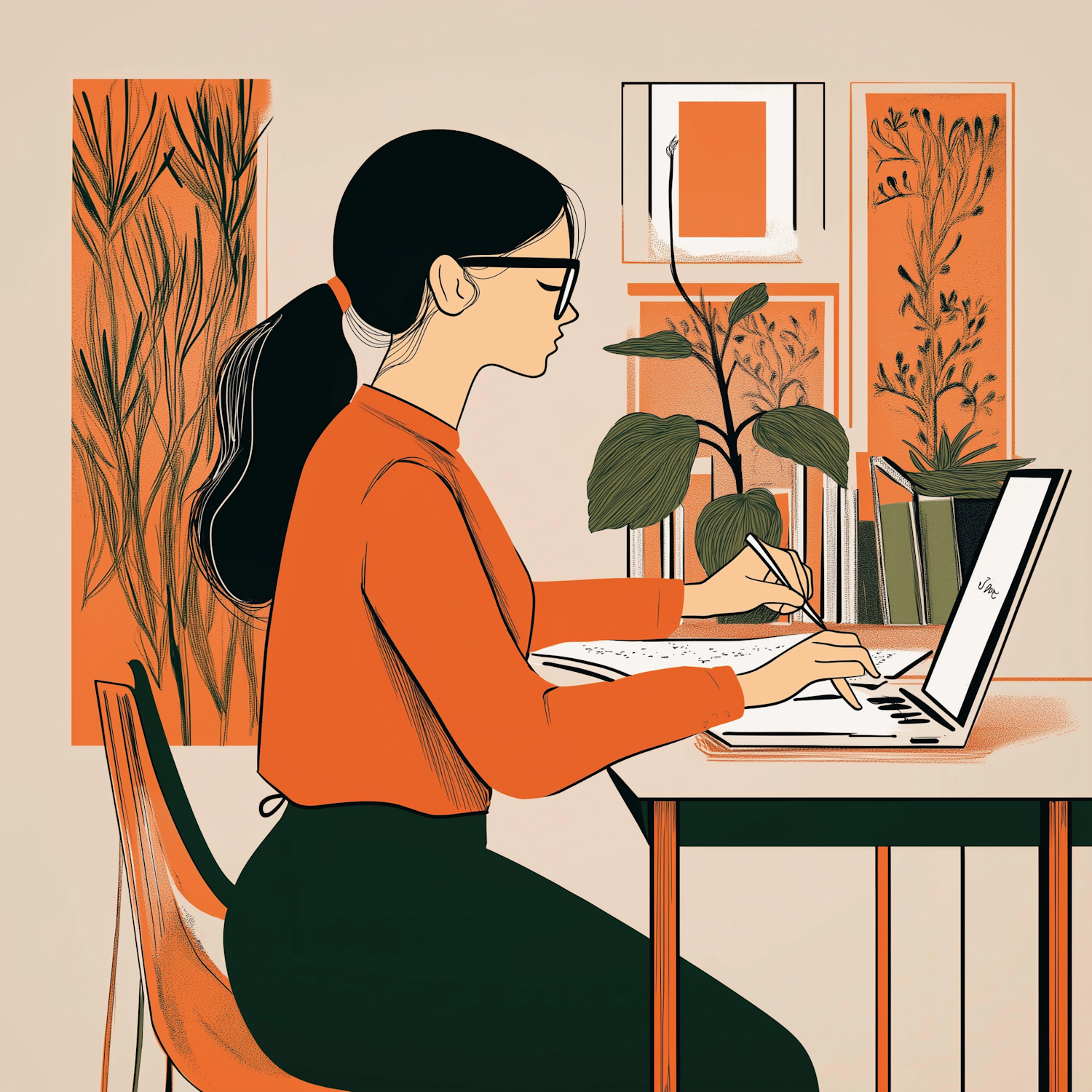 Illustrated Woman Working Creatively at Desk