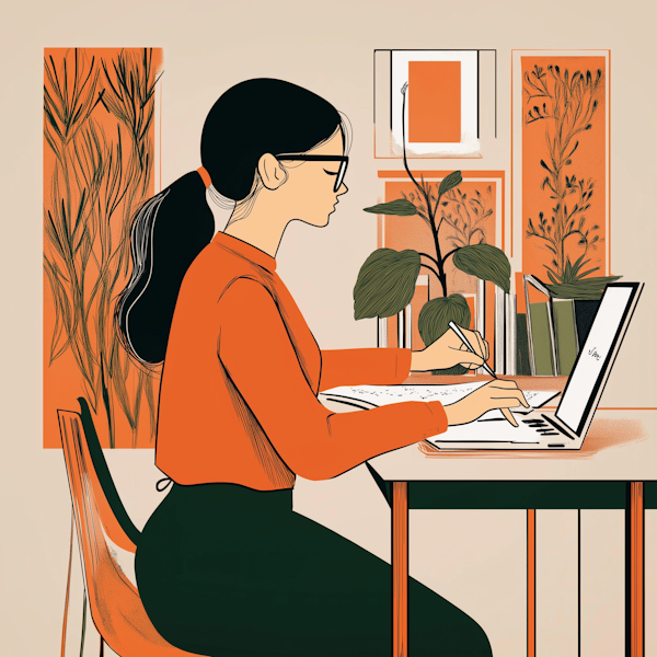 Illustrated Woman Working Creatively at Desk