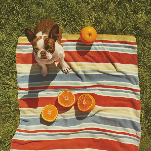 Boston Terrier on Striped Towel Outdoors