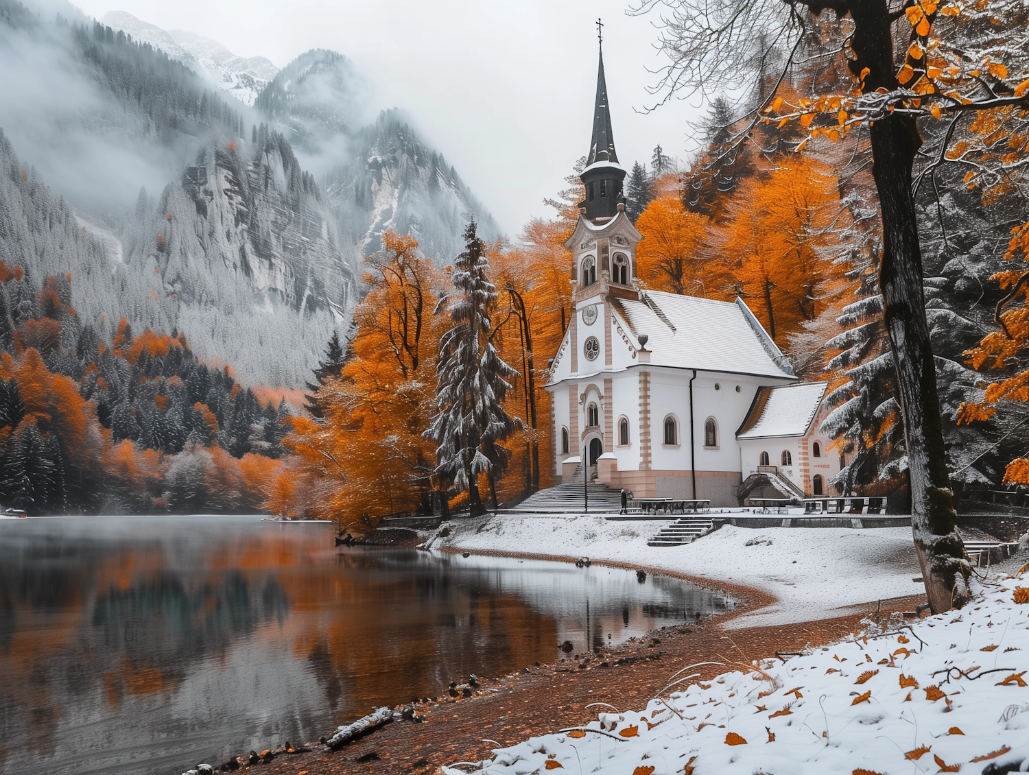 Autumn or Early Winter Lakeside Church