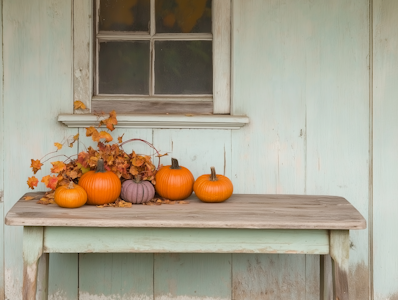 Rustic table
with pumpkins and autumn leaves against a teal wall, creating a cozy fall atmosphere. Photo by Steph Meade (https://www.lummi.ai/creator/steph?utm_source=api&utm_campaign=api&utm_medium=referral)