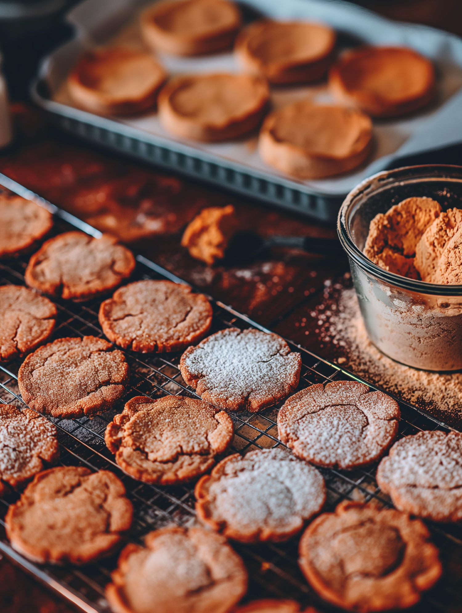 Artistically Arranged Freshly Baked Cookies on Wooden Surface