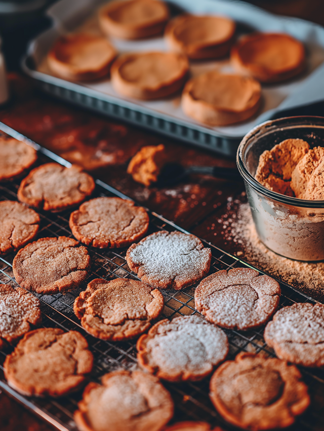 Artistically Arranged Freshly Baked Cookies on Wooden Surface