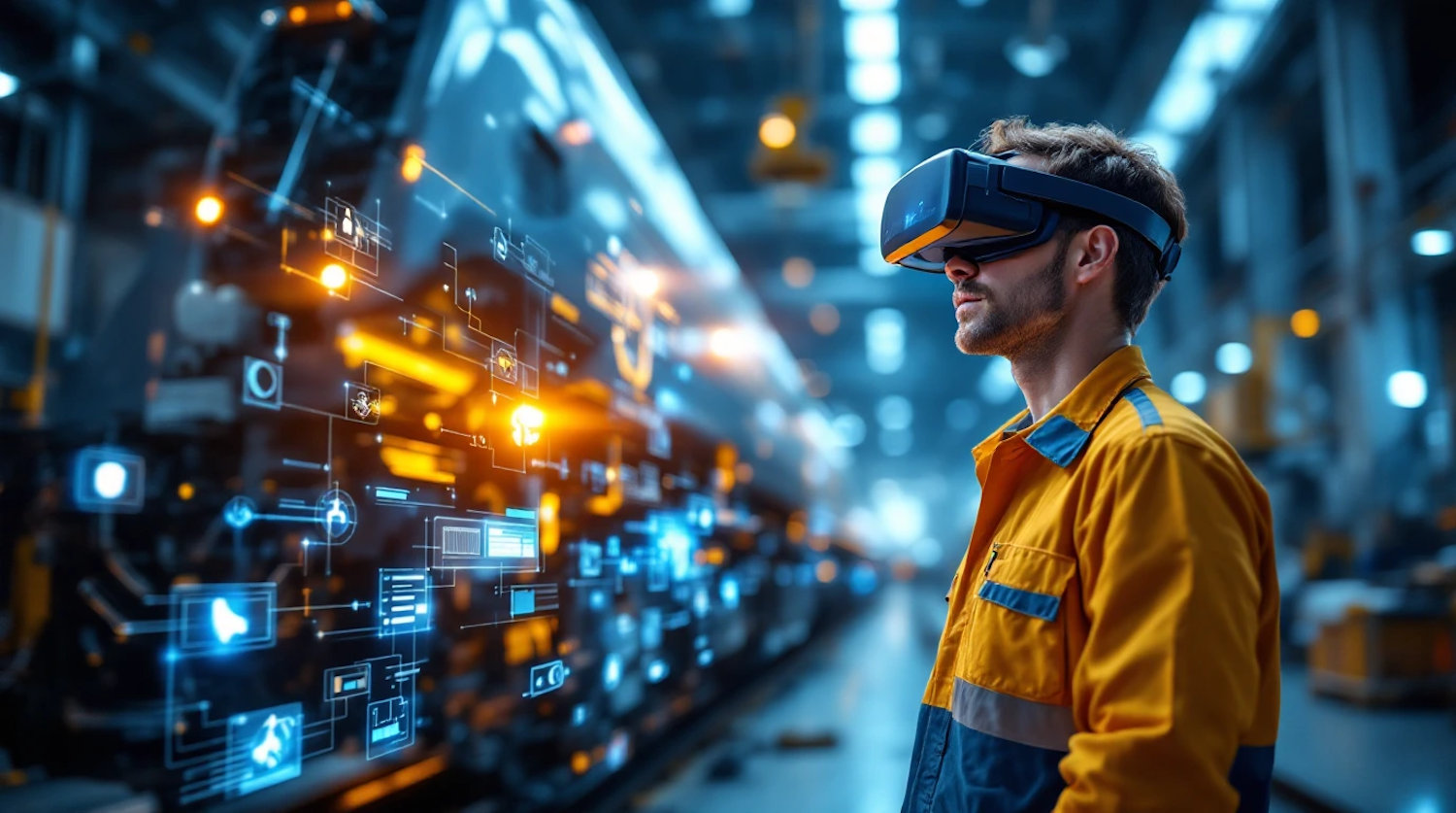 Man in Virtual Reality Headset in Industrial Setting