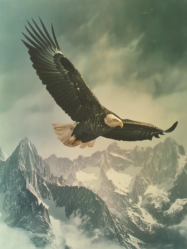 Mid-Flight Bald Eagle Over Snow-Capped Mountains