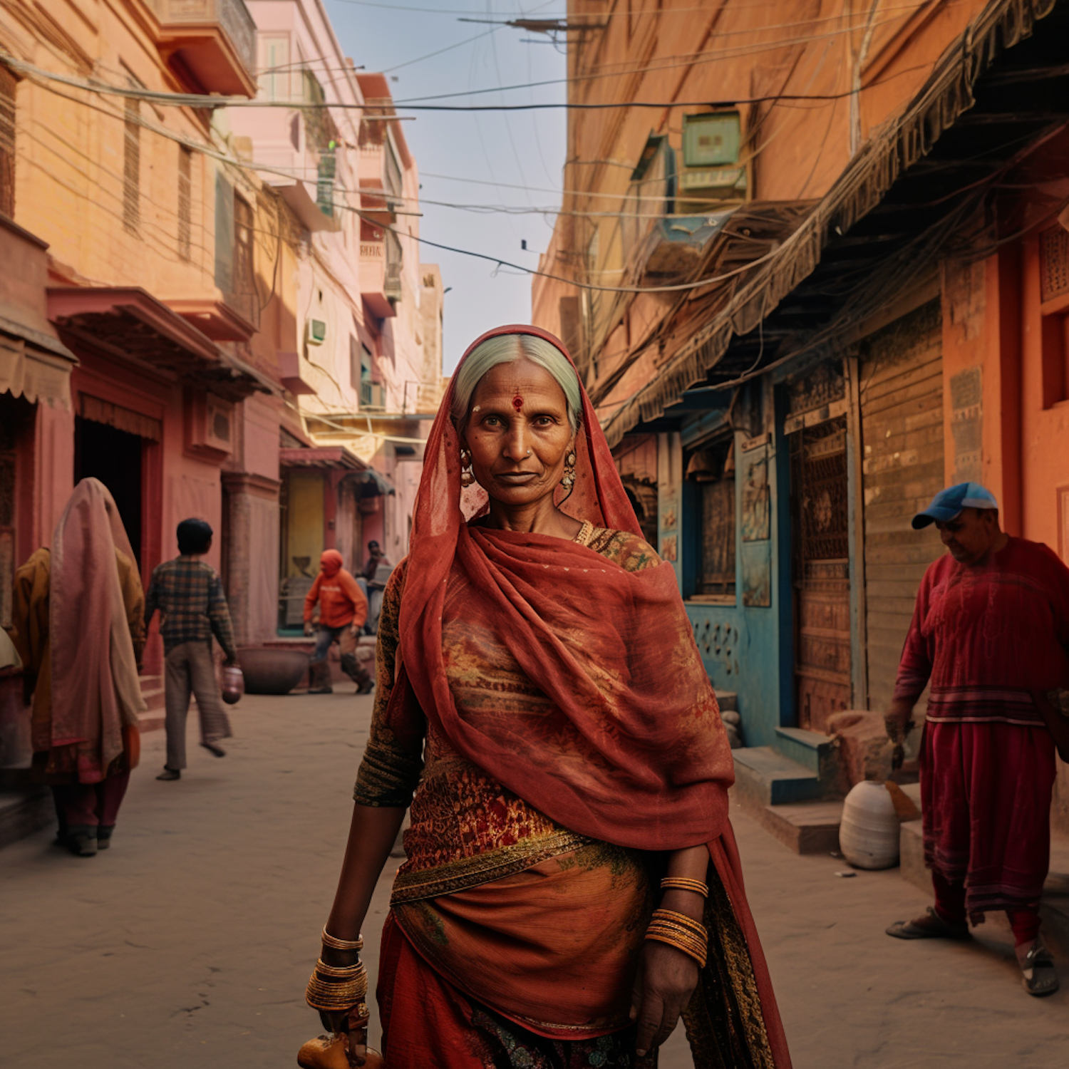 Portrait of Serenity in Orange: An Elderly Woman's Cultural Grace