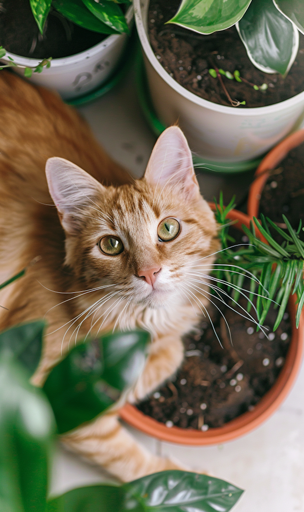 Ginger Cat Among Indoor Plants