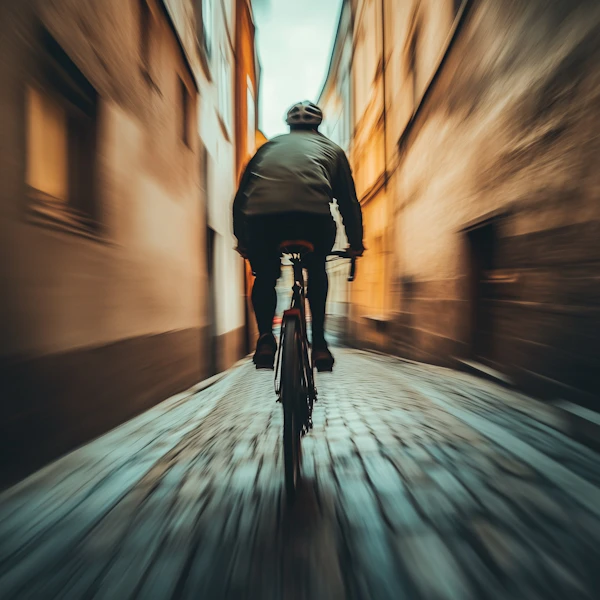 Cyclist in Cobblestone Alley