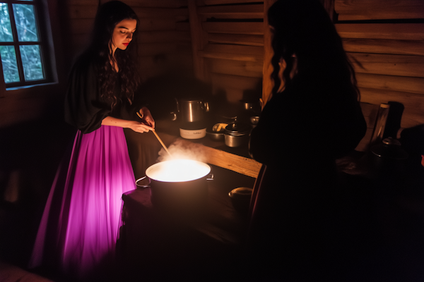 Women Cooking in Dimly Lit Room